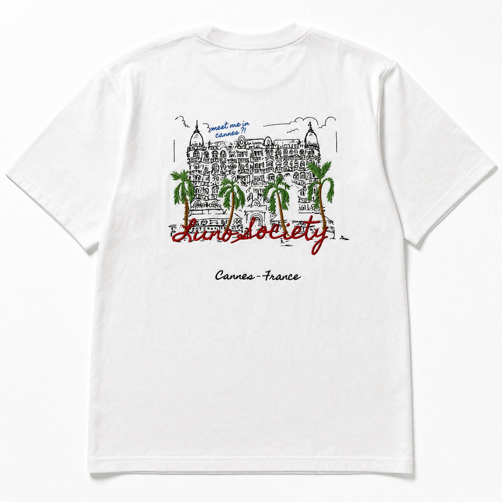 Cannes Tee back — embroidered Cannes scene