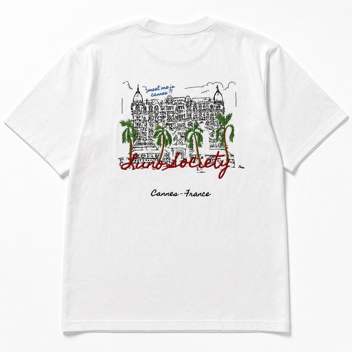 Cannes Tee back — embroidered Cannes scene