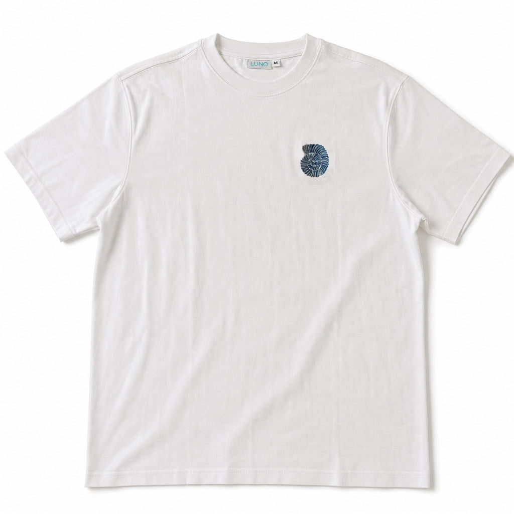 Cannes Tee front v2 — exact navy slate and grey embroidery