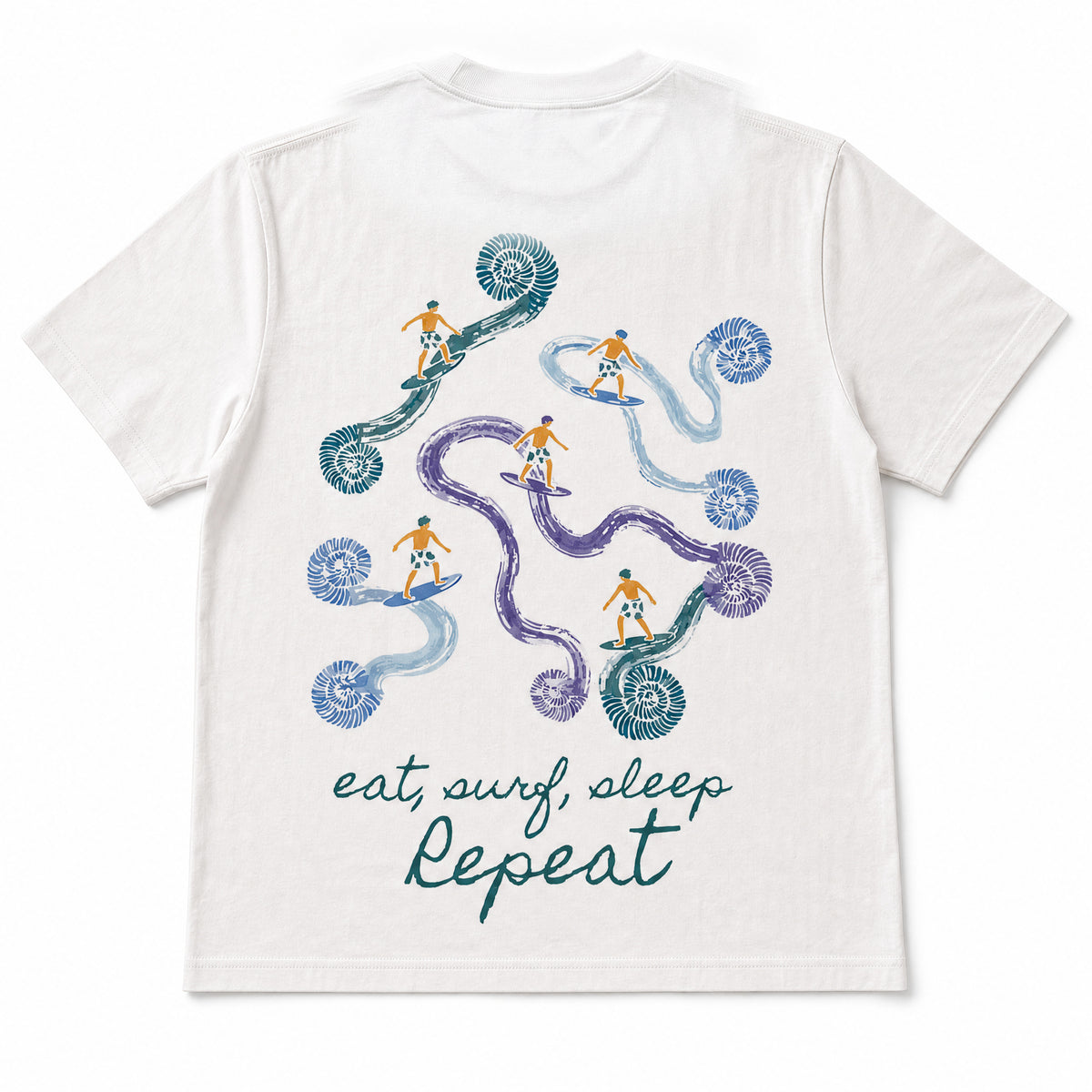 Surf Repeat Tee back — embroidered surfer and ammonite artwork