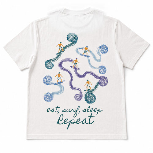 Surf Repeat Tee back — embroidered surfer and ammonite artwork